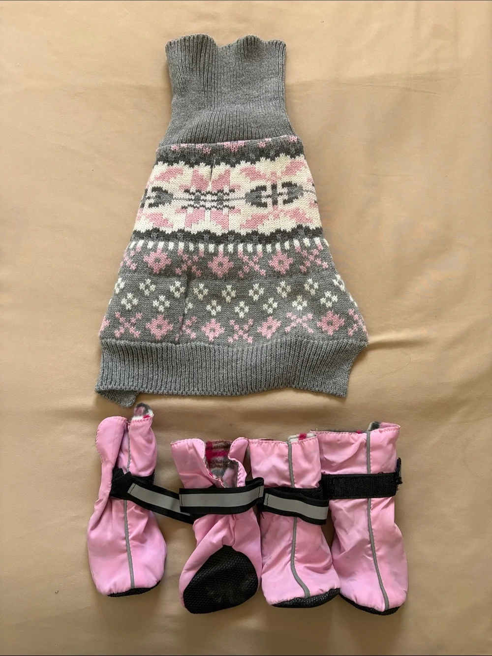 Gray & Pink Fair Isle Dog Sweater with Pink Waterproof Booties
